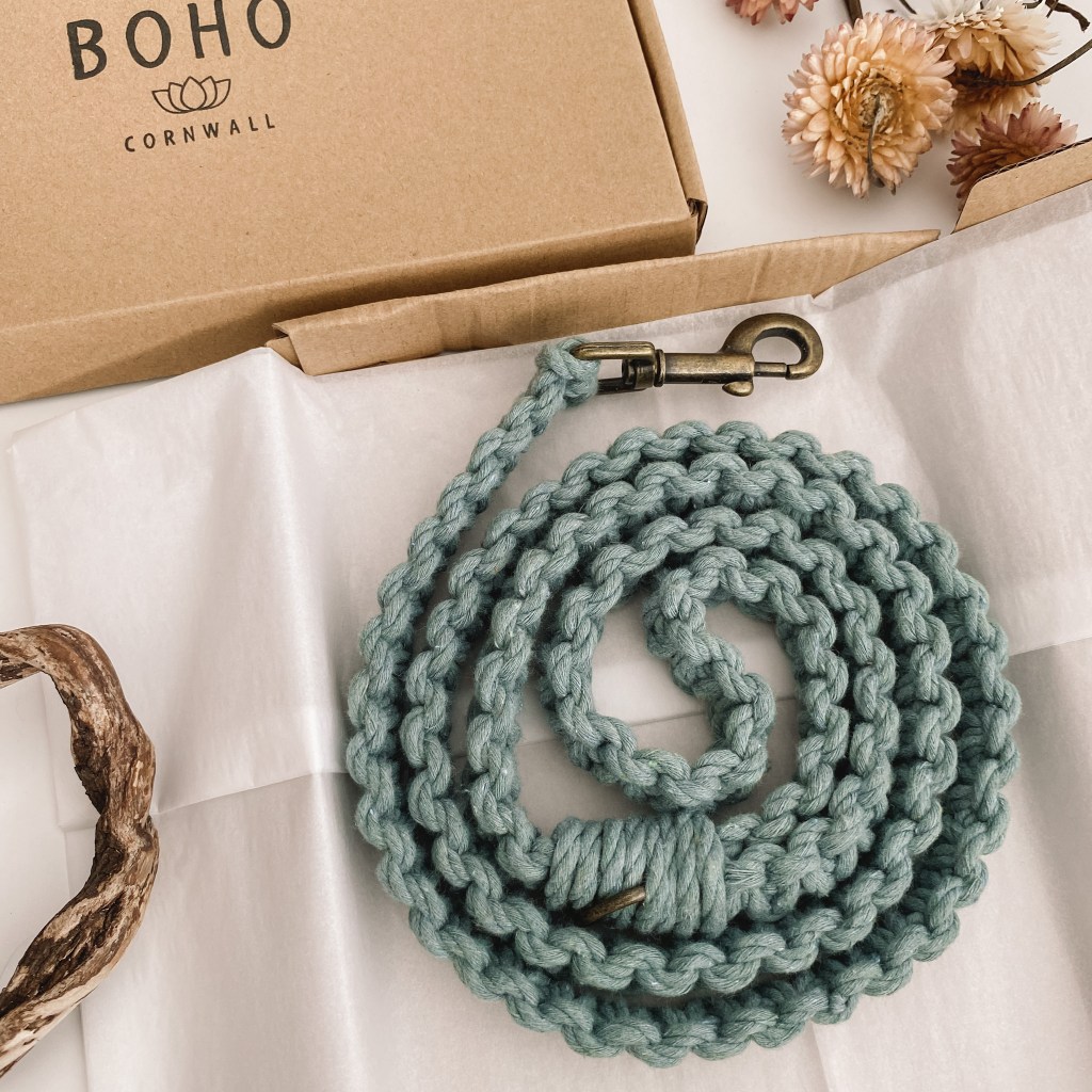 blue macrame boho dog lead in natural gift box
