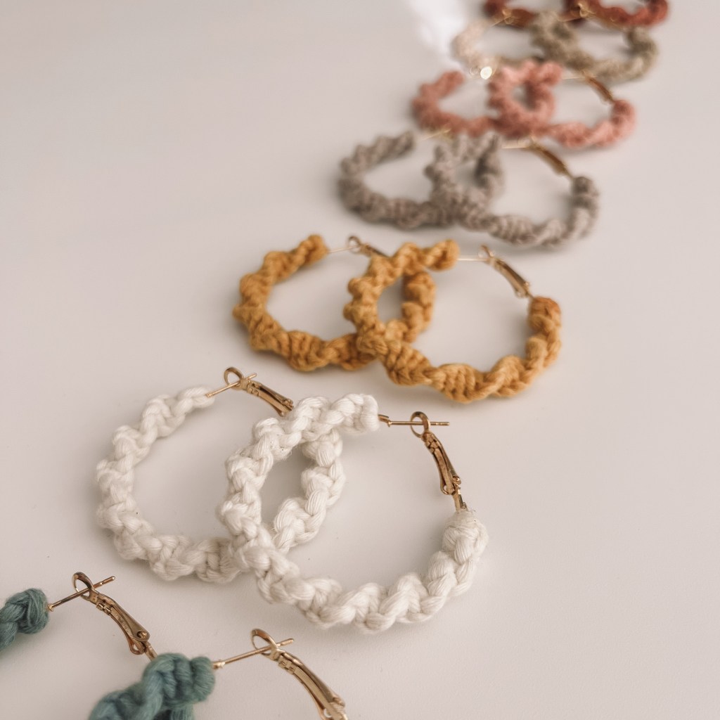 boho hoop earrings handmade with eco friendly recycled cotton in 7 neutral earthy tones