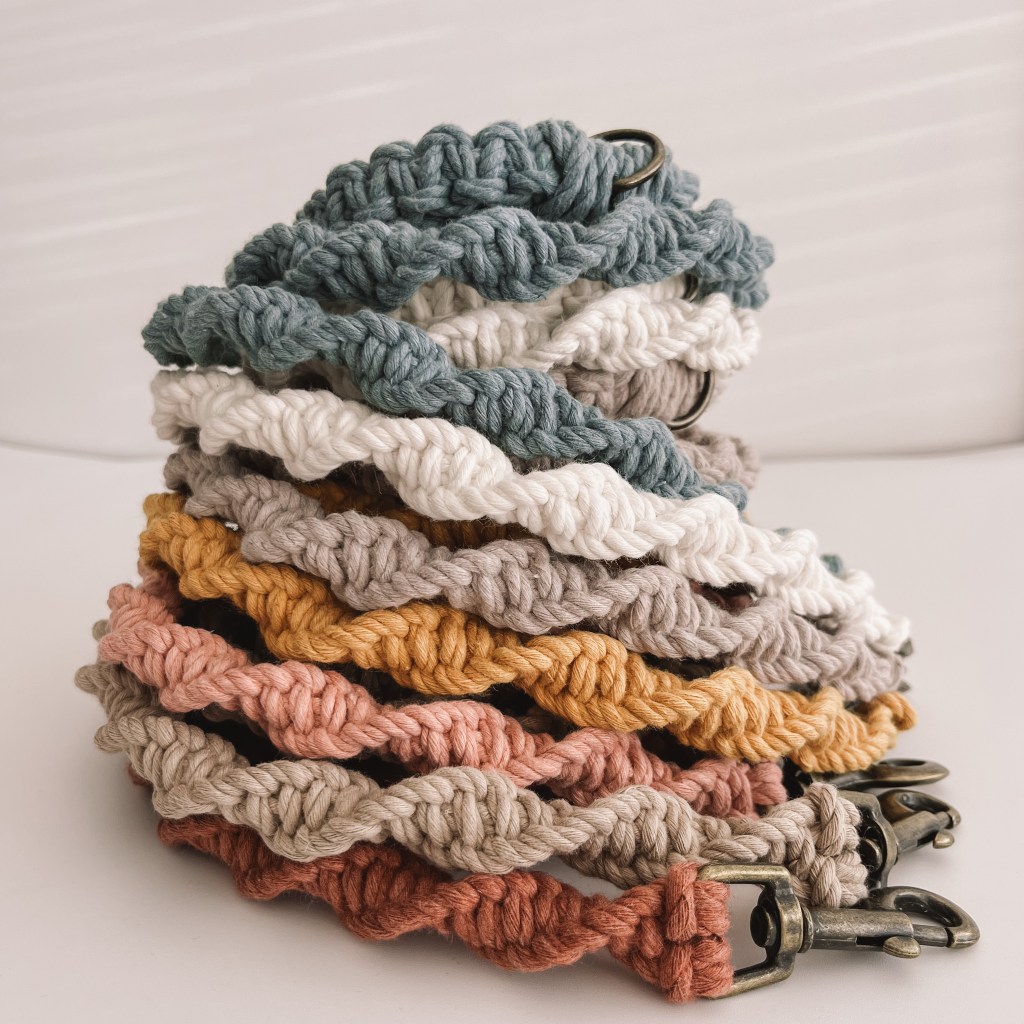 colourful boho dog leads handmade macrame recycled cotton, earthy tones