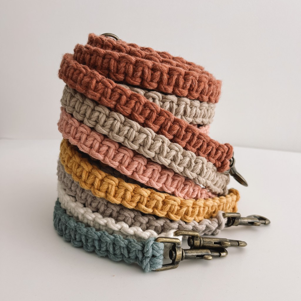 stack of cute boho dog leads in 7 earthy colours boho style